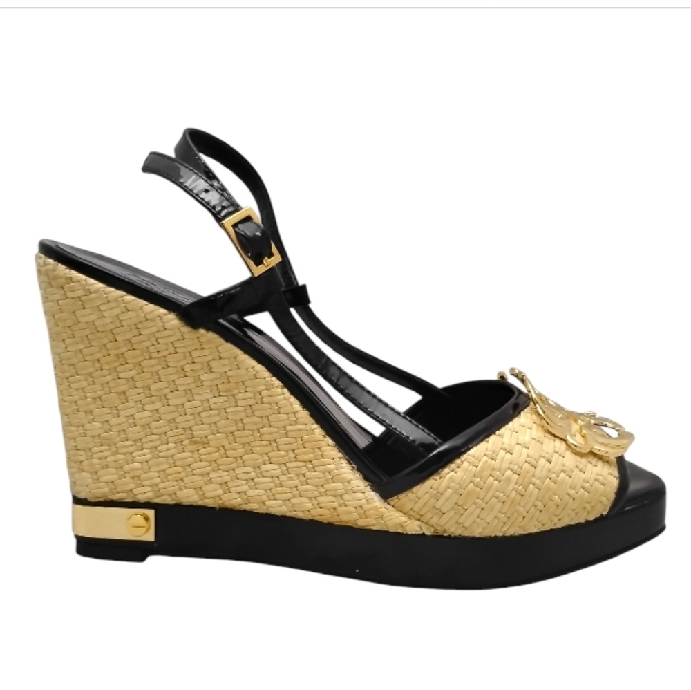 TORY BURCH | Patent Leather Espadrille Wedge Sandals | Black Tan | US 9 - Picture 5 of 9